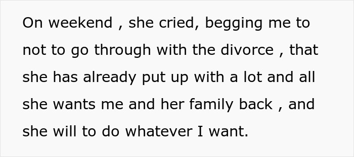 Text screenshot of a woman begging husband to cancel the divorce. She cried, wanting her family back.