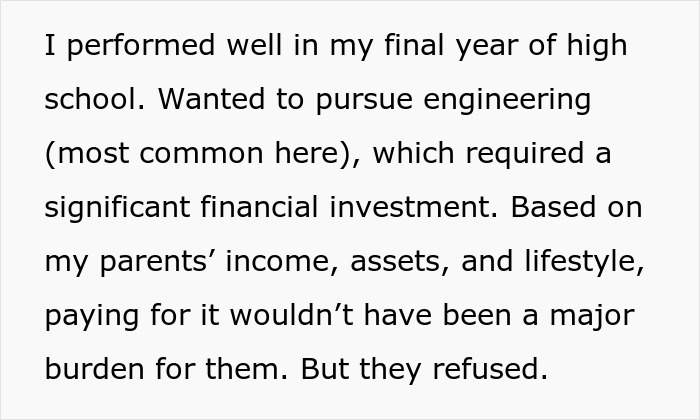 Text excerpt about parents pushing son to be independent at 18 and refusing financial support for his engineering education.