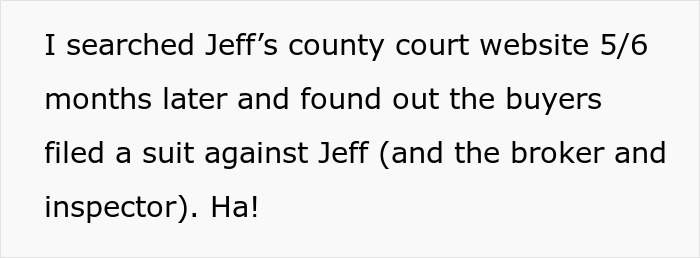 Text states, "I searched Jeff's county court website... buyers filed a suit against Jeff... Ha!" part of a revenge story.