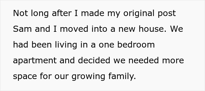 Text excerpt about moving to a new house for a growing family related to unstable ex and pregnant woman situation.