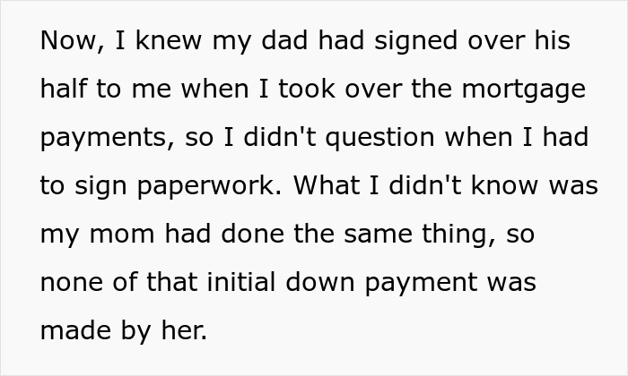 Text excerpt showing a woman sharing a crazy story about her mom involving mortgage and payment confusion.