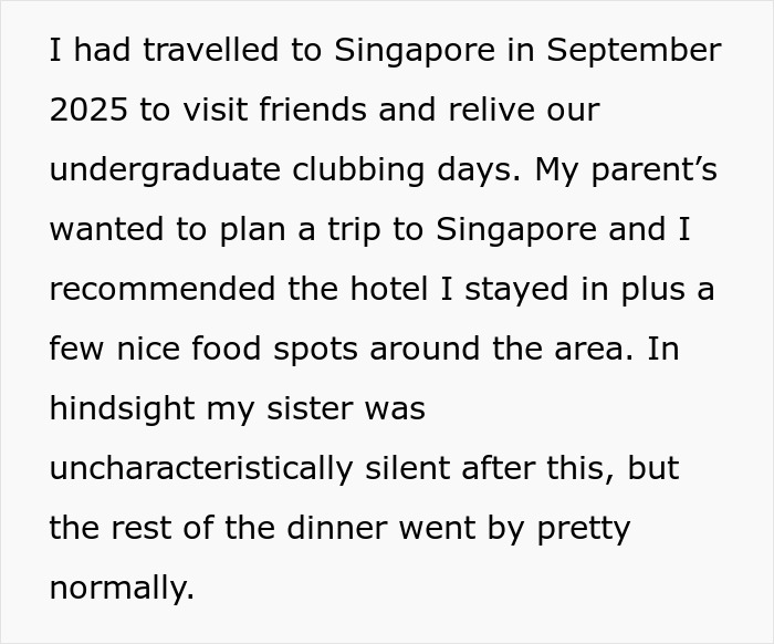 Excerpt of a woman sharing a story involving family conflict after a coincidence with sister&rsquo;s fianc&eacute; causes tension.