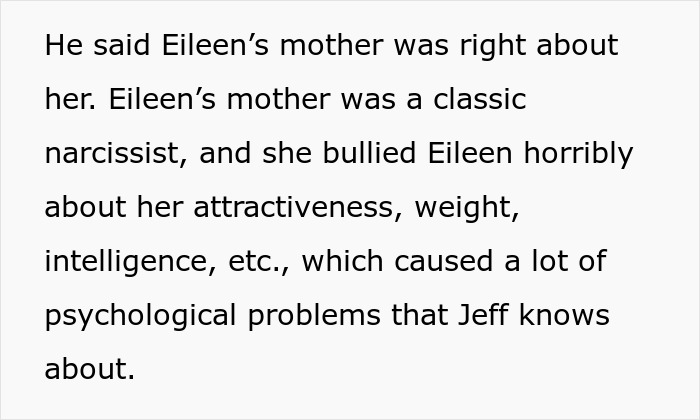 Text from a story, detailing Eileen's mother bullying her and the resulting psychological problems, relating to the guy dumps wife narrative.