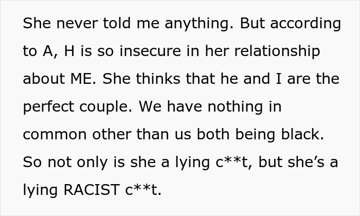 Text detailing a friend's insecurity and racist remarks regarding an affair, exposing disturbing details.