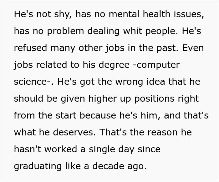 Text excerpt discussing a man’s attitude toward his best friend working as a server and his job expectations. Text excerpt discussing a man’s attitude toward his best friend working as a server and his job expectations.