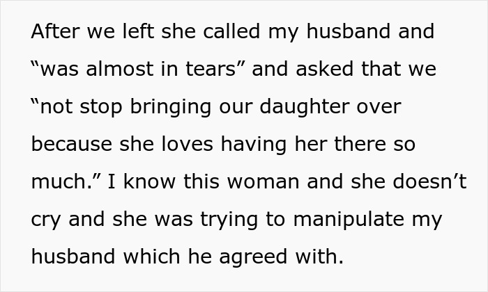 Texto de um artigo detalhando as lágrimas de crocodilo de uma sogra manipuladora após um incidente sem bater envolvendo sua filha.