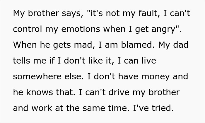 Text from someone explaining struggles of driving autistic brother and lack of gratitude despite efforts over years. Text from someone explaining struggles of driving autistic brother and lack of gratitude despite efforts over years.