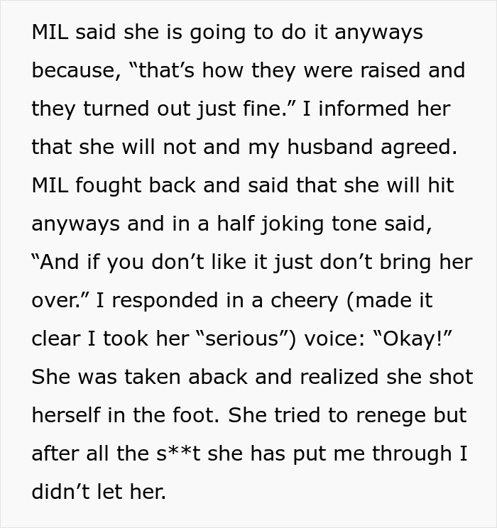 Trecho de texto de um artigo onde uma mãe diz Não Bater para sua MIL, que brincou sobre espancar sua filha.