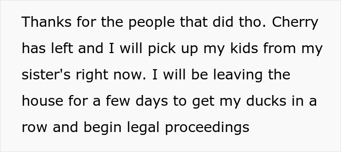 A text message about a woman dealing with her husband secret wife situation, leaving to pick up kids and start legal proceedings.
