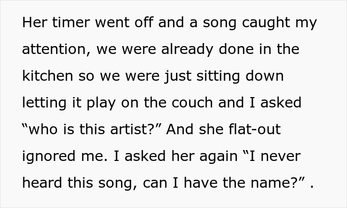 Text excerpt describing a woman using Shazam to identify a song while ignoring questions, leading to a family conflict. Text excerpt describing a woman using Shazam to identify a song while ignoring questions, leading to a family conflict.