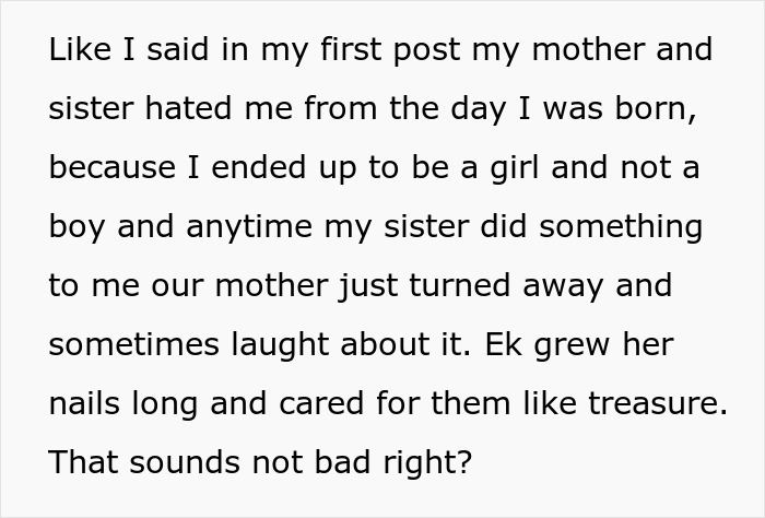 Trecho de texto sobre a recusa da mãe em acreditar ou defender seu filho, descrevendo negligência e conflito entre irmãos.