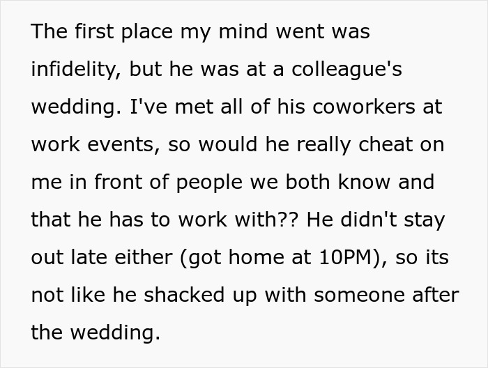 Text excerpt discussing suspicion of infidelity at a colleague's wedding revealing hidden relationship doubts.