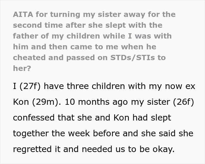 Text post about a woman facing karma after cheating with sister&rsquo;s baby daddy and dealing with relationship betrayal.