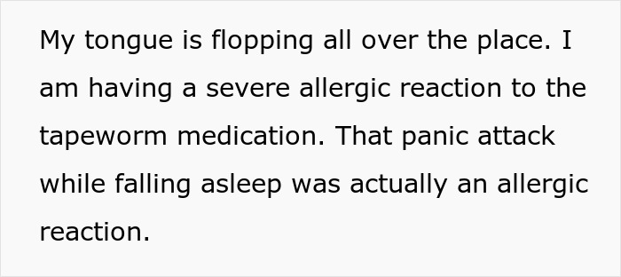 Text describing a severe allergic reaction to tapeworm medication after bringing home a senior cat.