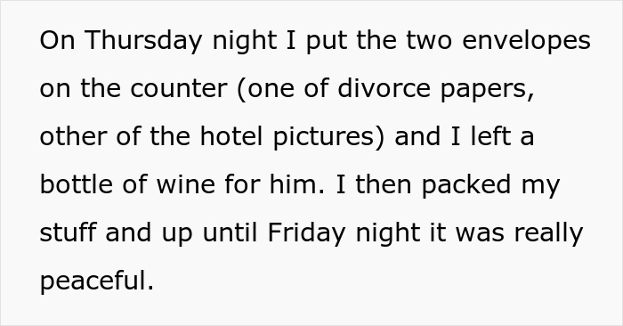 Text excerpt describing a wife preparing divorce papers and evidence after discovering her husband's affair.