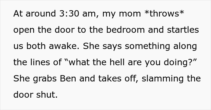 A text excerpt describing a mom's reaction to her scared 9YO bro sleeping in his sister's bed.
