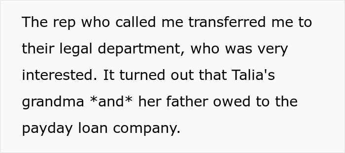 Text discussing a rep connecting to legal department about payday loan debts linked to woman running Tinder scams.