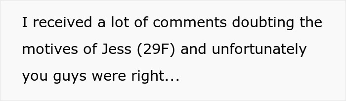 Text showing a woman expressing doubt about Jess (29F) with a hint that viewers were right, relating to unstable ex.