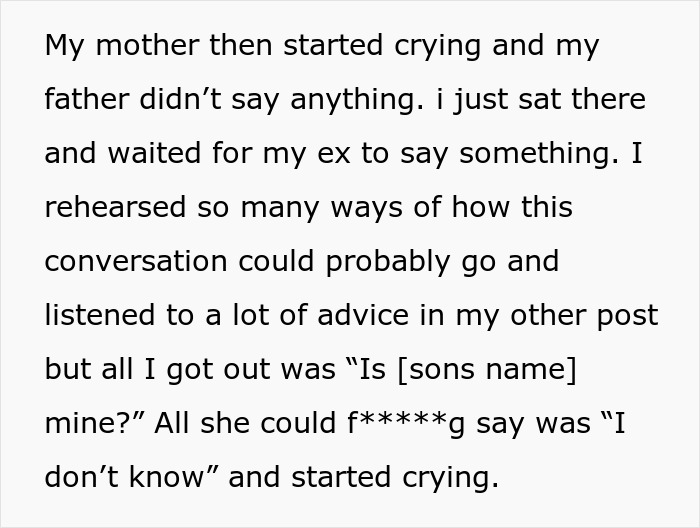 Text from a post where a guy wonders if he went from dad to uncle after his GF's shocking admission. Text from a post where a guy wonders if he went from dad to uncle after his GF's shocking admission.