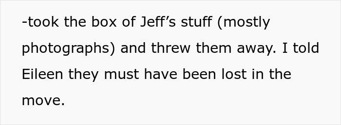 Text snippet showing revenge as a wife's friend destroys the ex-husband's belongings, claiming they were lost.