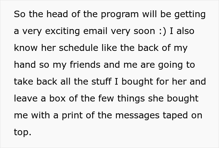 Text about planning revenge by taking back items and leaving printed messages