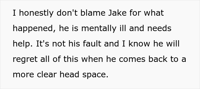 Text excerpt discussing someone's mental illness and the need for help, reflecting on regrets with unstable ex and feeding info.