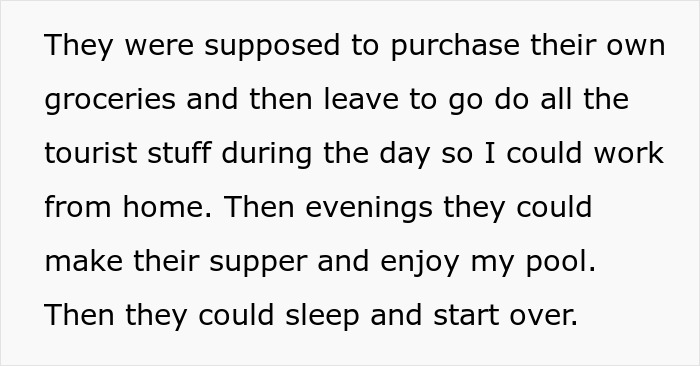 Text excerpt describing family refusing to leave, causing discomfort and tension in the house after pool and supper plans.