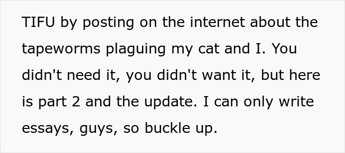 Text excerpt about woman bringing home a senior cat and dealing with tapeworms causing regret and expense.