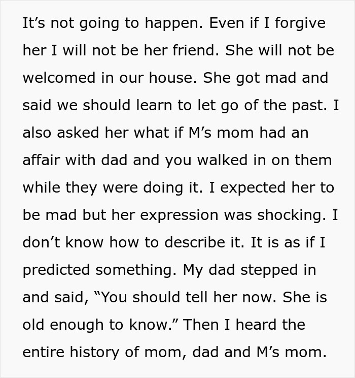 Text excerpt discussing a mom pushing her daughter to not ruin her friendship over a stupid boy after a best friend's betrayal.