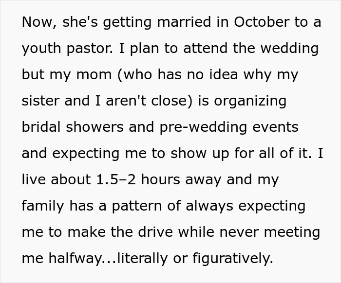 Text discussing family expectations for attending a wedding despite strained relationships and past conflicts.