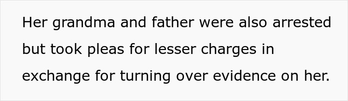 Text snippet describing family arrests and pleas related to a woman running Tinder scams for jailed fianc&eacute;.