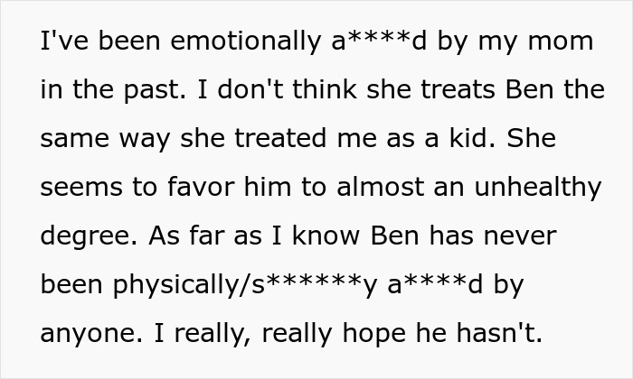 Screenshot of text detailing a sister's emotional struggles with her mom's reaction and treatment of her scared 9YO bro.