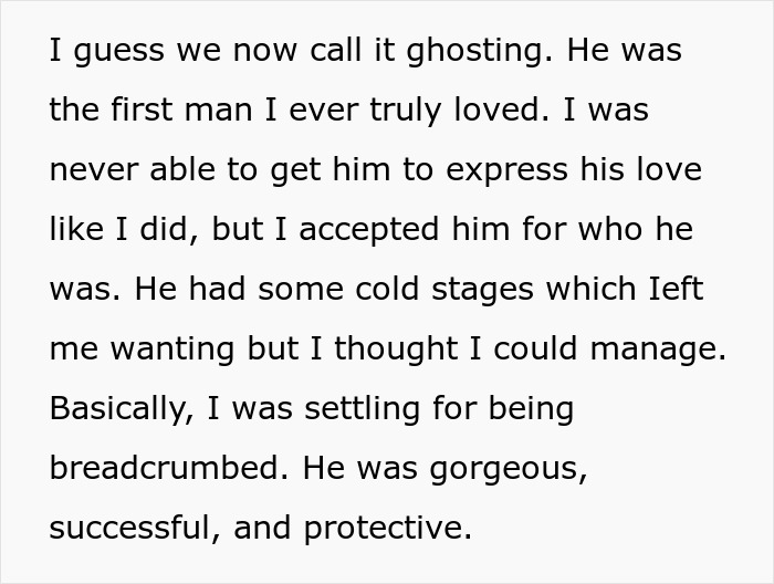 Text about ghosting and unexpressed love, describing a woman settling for being breadcrumbed despite wanting more.