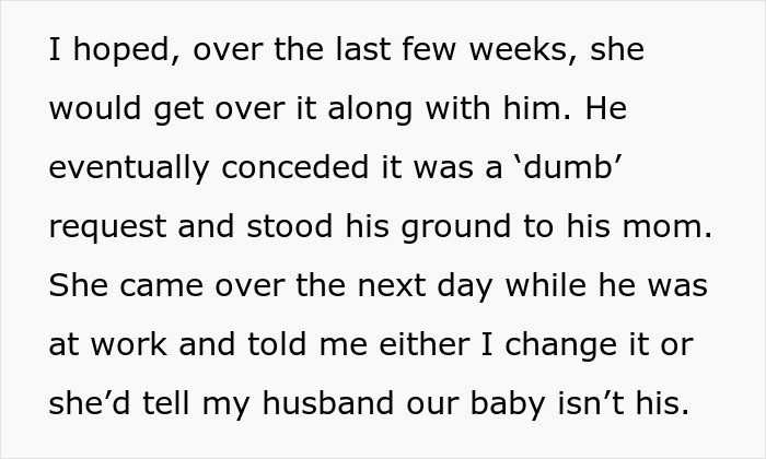 A screenshot of text about a mother-in-law threatening to lie about a baby's paternity in a baby name dispute. Controlling MIL.