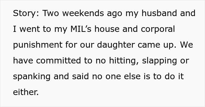 Texto em um fundo cinza claro descrevendo a política de proibição de bater de uma família em sua filha.