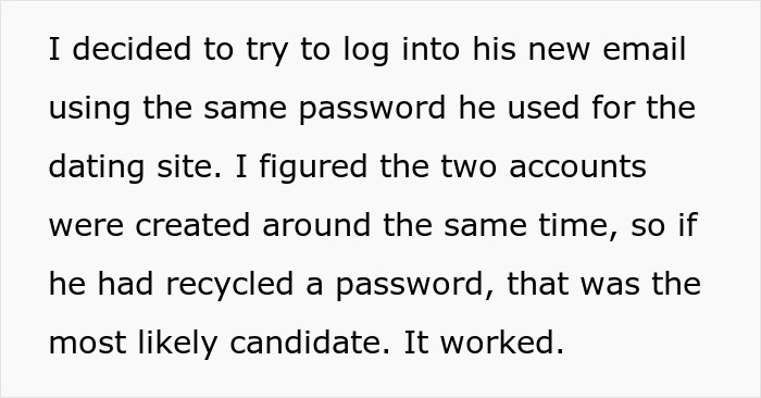 A text snippet showing an attempt to log into a new email, possibly part of a revenge plan to destroy a life.