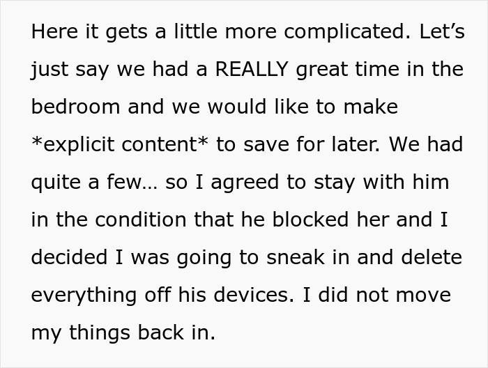 Text excerpt revealing a story about a boyfriend planning to leave his girlfriend and her actions to ensure he ends up alone.
