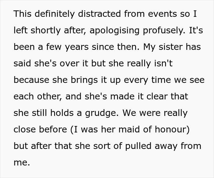 Text describing a woman worried her sister will sabotage her wedding due to a past incident and considers uninviting her.