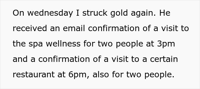 Text reads: On Wednesday I struck gold again. He received an email confirmation of a visit to the spa wellness for two people at 3pm and a confirmation of a visit to a certain restaurant at 6pm, also for two people. This details one employee's perfect revenge on a horrible boss.