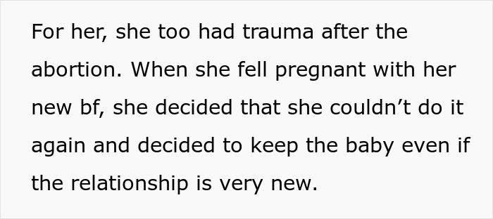 Text snippet describing an ex-wife's new pregnancy and decision to keep the baby, causing divorce papers refusal.