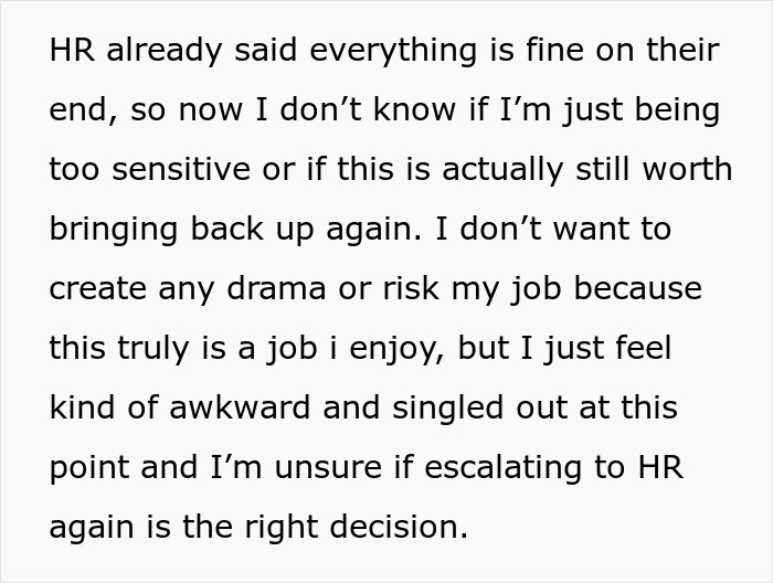 A text box from an online post discussing a woman relying on a feeding tube, feeling awkward at work.