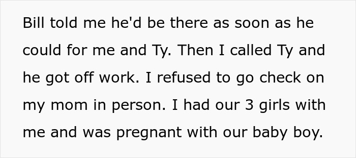Text excerpt describing a woman sharing a crazy story about her mom involving family and pregnancy details.