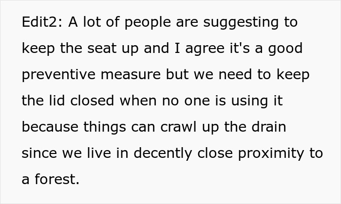 Text on a white background suggesting keeping the toilet seat up and lid closed due to living near a forest. Gross Dad issue.