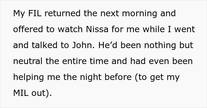 Text describing a neutral FIL helping with a MIL baby name dispute, avoiding a messy fight and police involvement.