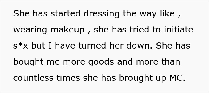 Text screenshot about a woman attempting to reconcile after an affair, trying to cancel the divorce.