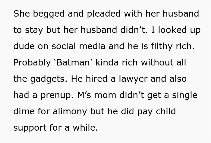 Text excerpt describing a mom advising her daughter not to ruin friendship over a boy after a betrayal involving alimony and child support issues.