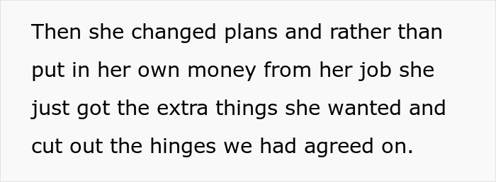 Text excerpt explaining a wife changing plans and cutting out cabinet hinges after her husband superglues rubber on them.
