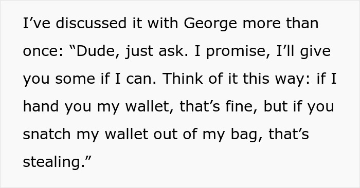Text showing a coworker explaining how rude man snatches things without asking, comparing it to stealing and feeling childish.