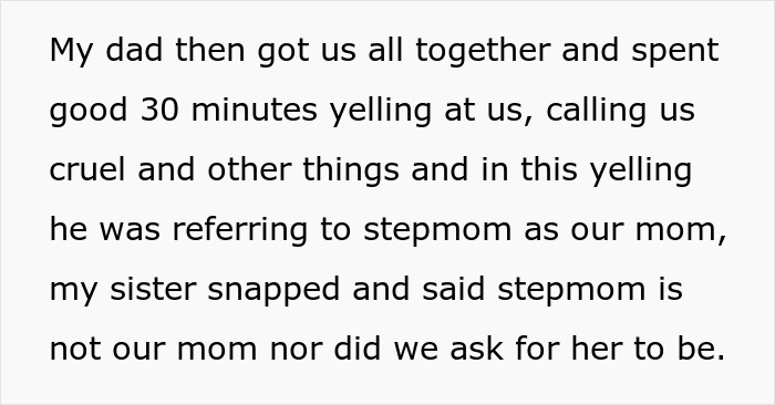 Text describes dad pushing kids to accept stepmom, leading to a confrontation.