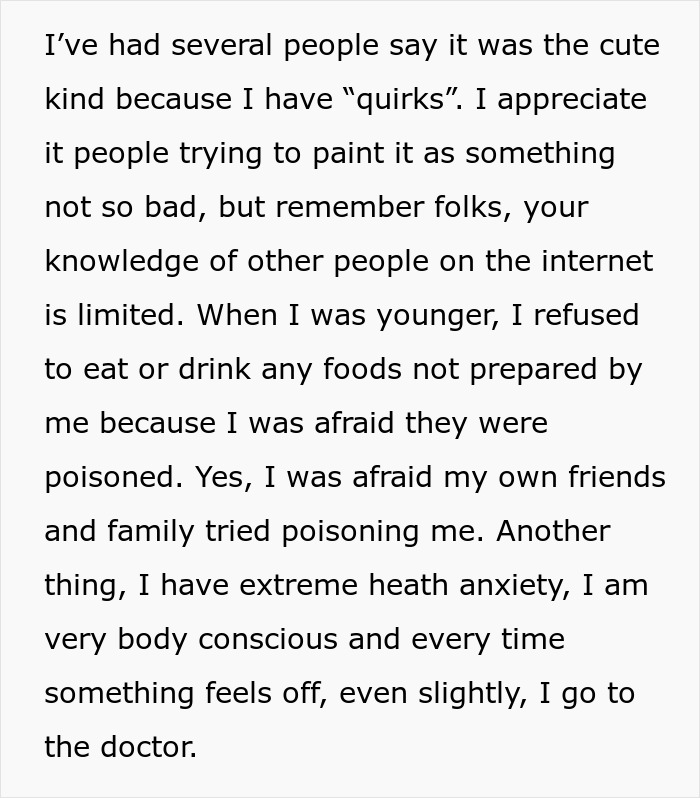 Text excerpt discussing a woman&rsquo;s personal quirks and feelings related to anxiety and poisoning fears in relationships.